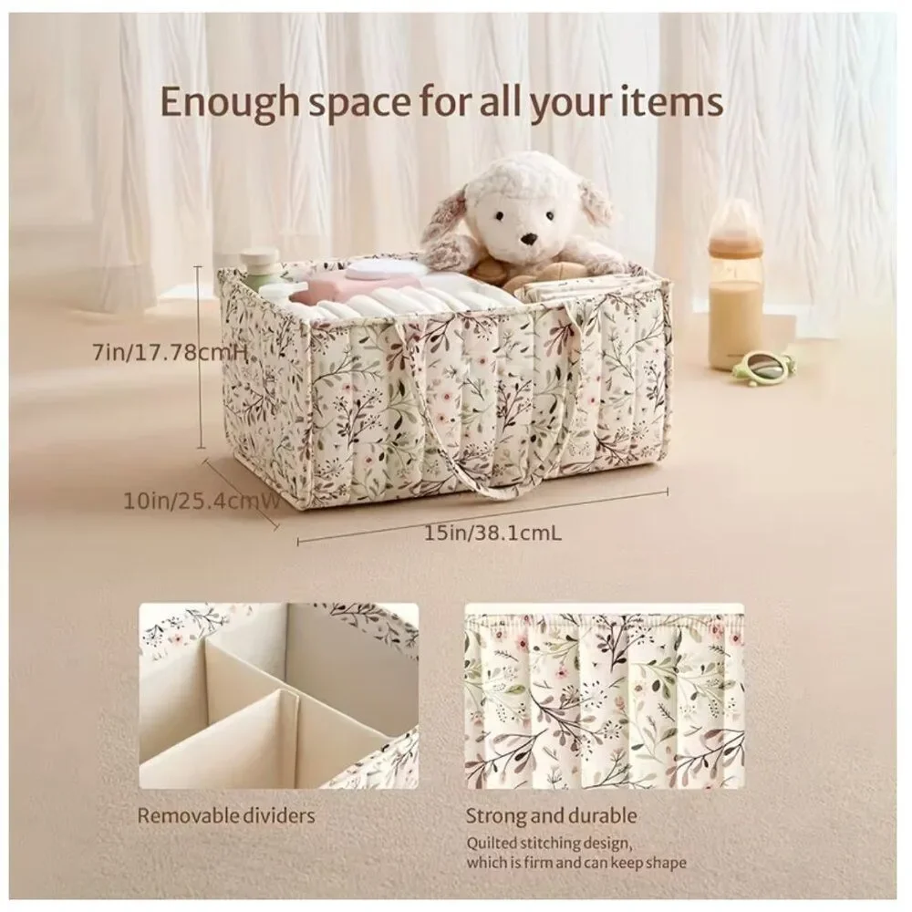NWT Household Storage Basket Floral Pattern Divided Quilted Organizational